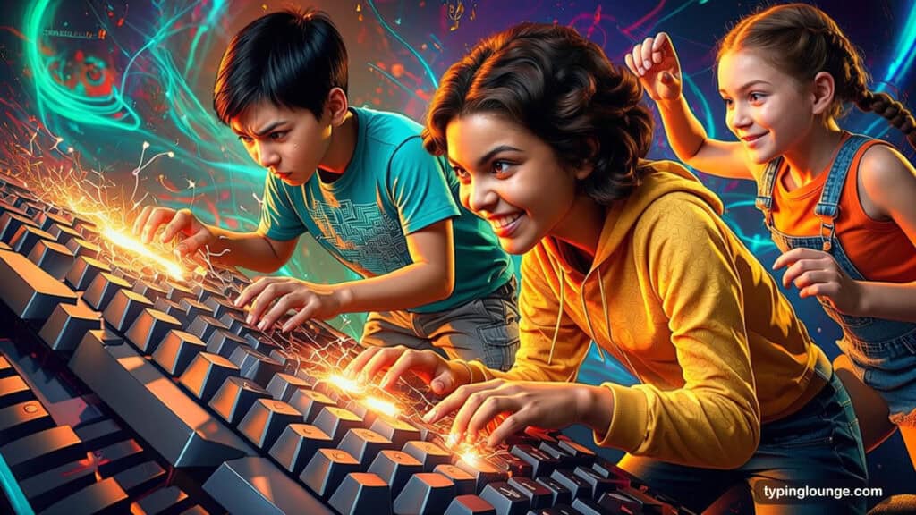 Three 10–13-year-olds in rising diagonal motion — fingers on giant keys, sparks off home row, teen blazing a speed test grinning. Typing Programs by age group