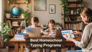 Illustrated homeschool typing scene with parent using tablet dashboard and two kids practising touch typing on laptops with the best homeschool typing programs.