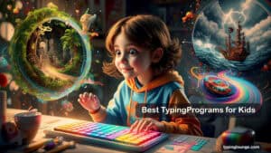 A wide-eyed 10-year-old sits at a glowing keyboard, colorful typing program worlds bursting open as portals — jungle paths, pirate ships, race tracks. Round-up review of best Typing programs for kids.