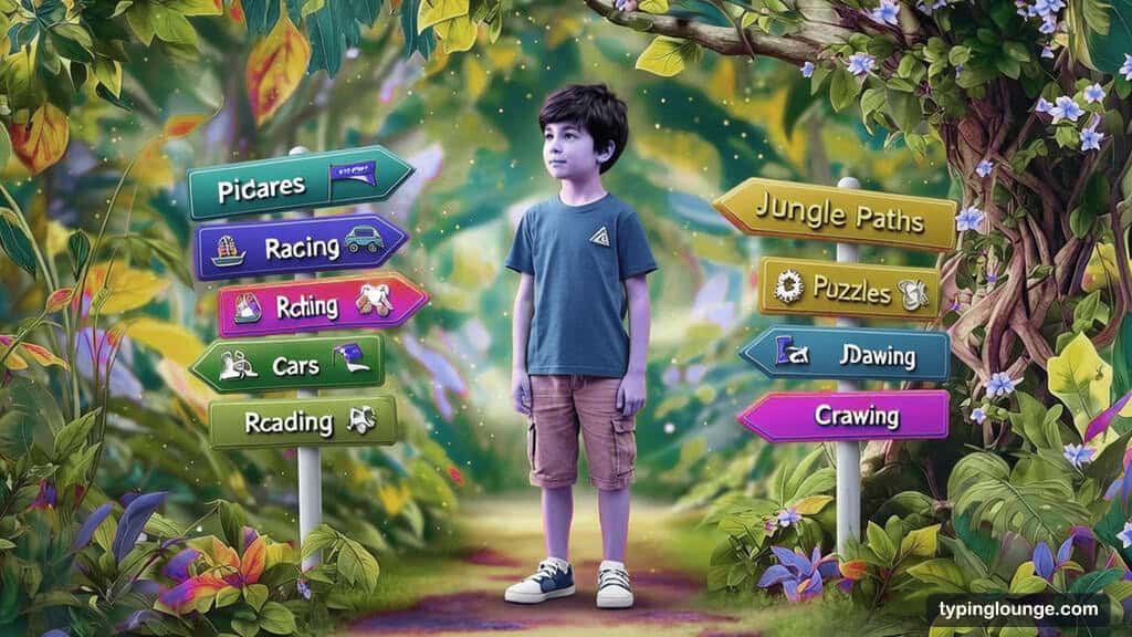 A focused boy stands at a glowing crossroads signpost with colorful arrows pointing to different typing adventures — pirates, racing cars, jungle paths - tips for choosing typing programs for kids