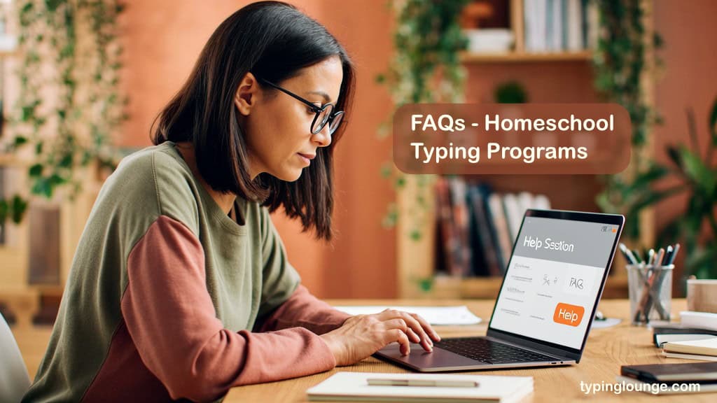 Homeschool typing FAQs illustration showing an adult actively testing different settings and key combinations on a laptop keyboard to solve typing problems.
