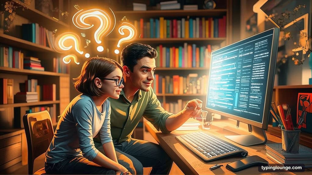 A 10-year-old and parent at a glowing screen, question marks above transforming into lightbulb answers, keyboard and bookshelves nearby. FAQs Typing Programs Kids.
