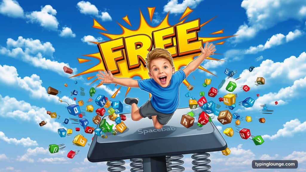 A laughing 10-year-old boy gets launched skyward from a giant keyboard key like a catapult, arms out, neon FREE letters exploding above him in a bright open sky, keys raining colourfully below. Free typing programs for kids.