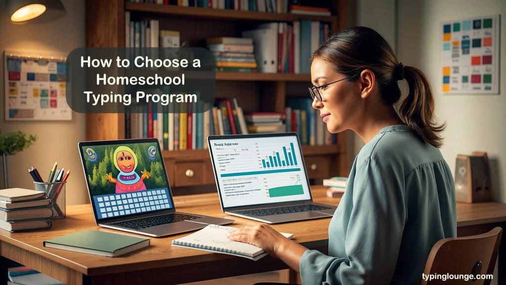 Parent comparing homeschool typing programs on two laptops, balancing games versus progress reports in a colorful, organized study corner.