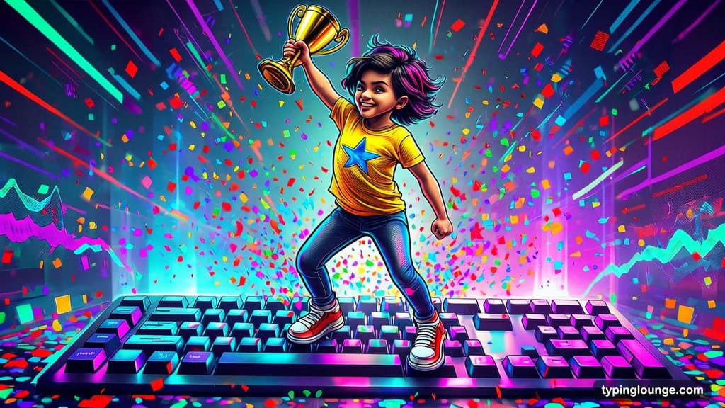 A triumphant 10-year-old girl stands on top of a giant glowing keyboard like a stage, gold trophy raised overhead, neon spotlights beaming up from the keys beneath her feet, confetti erupting outward. Verdict best typing program for kids.