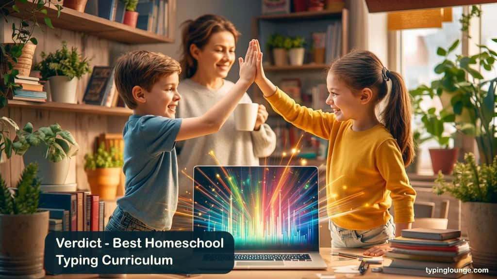 Energetic homeschool typing curriculum verdict scene with kids high‑fiving over a laptop as a glowing progress chart shows big WPM gains, parent celebrating in a warm study room.